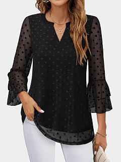 Women's Elegant Casual 3/4 Bell Sleeve Blouses Double Layer Mesh V-Neck Blouses S-XXL, Black, XXL