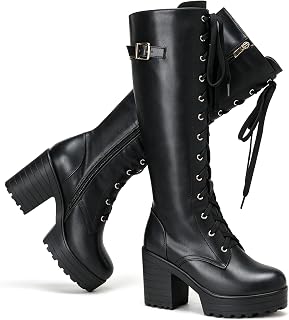 Women Fashion Platform Knee High Boots Lace Up Chunky Heel Boots with Buckle Side Zipper Biker Boots
