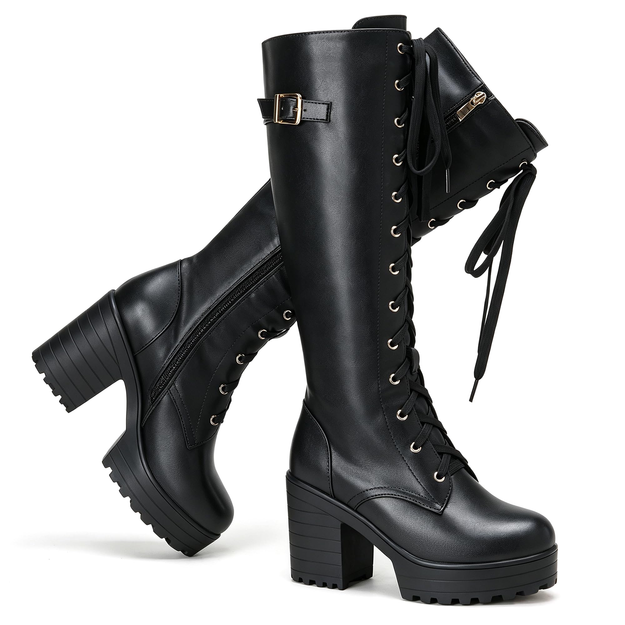 Women Fashion Platform Knee High Boots Lace Up Chunky Heel Boots with Buckle Sid