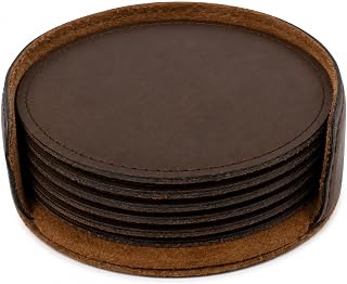 4″ Round Drink Coasters 6 Pack, Dark Brown Faux Leather Table Protectors | Water Resistant