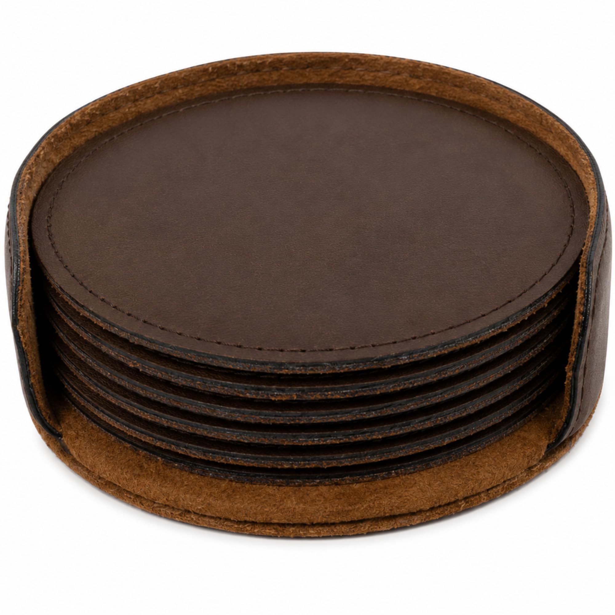 4″ Round Drink Coasters 6 Pack, Dark Brown Faux Leather Table Protectors | Water