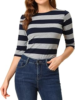 Allegra K Women's Striped Shirt Bodysuit Blouse