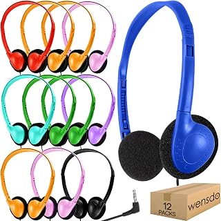 Wensdo Kids Headphones Bulk 12 Pack for Classroom School K-12 | Wholesale Multicolor Wired Class Set Headphones for Students Children Teens and Adults, 3.5mm Jack With Chromebook Laptop PC