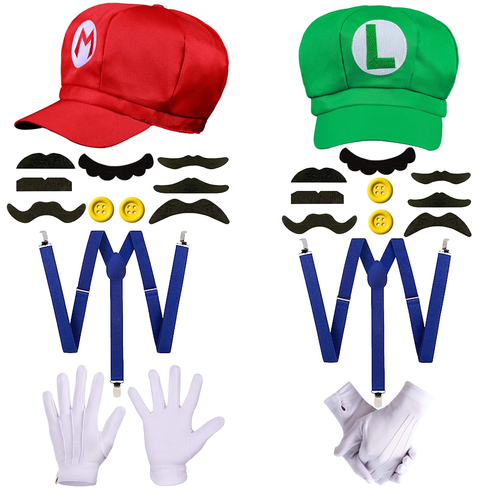 Super Bros Hat, Mustaches, Gloves & Buttons Costume Accessories for Adult Women 