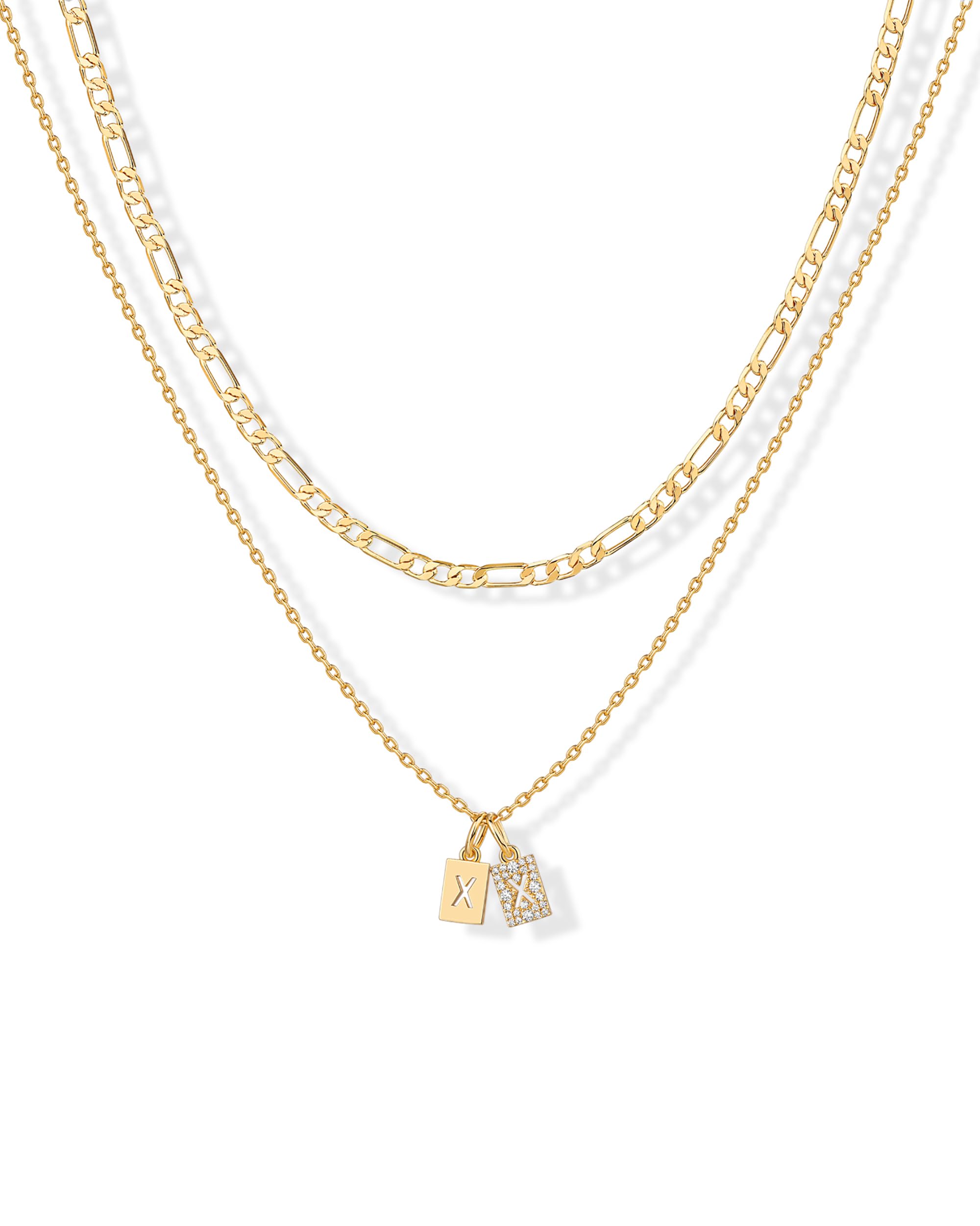 PAVOI 14K Yellow Gold Plated Initial Letter Double Dog Tag Pendant Necklace Dain