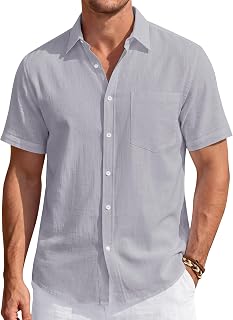 J.Ver Men's Cotton Linen Shirts Short Sleeve Casual Light Button Beach Shirt Summer Tops with Pocket