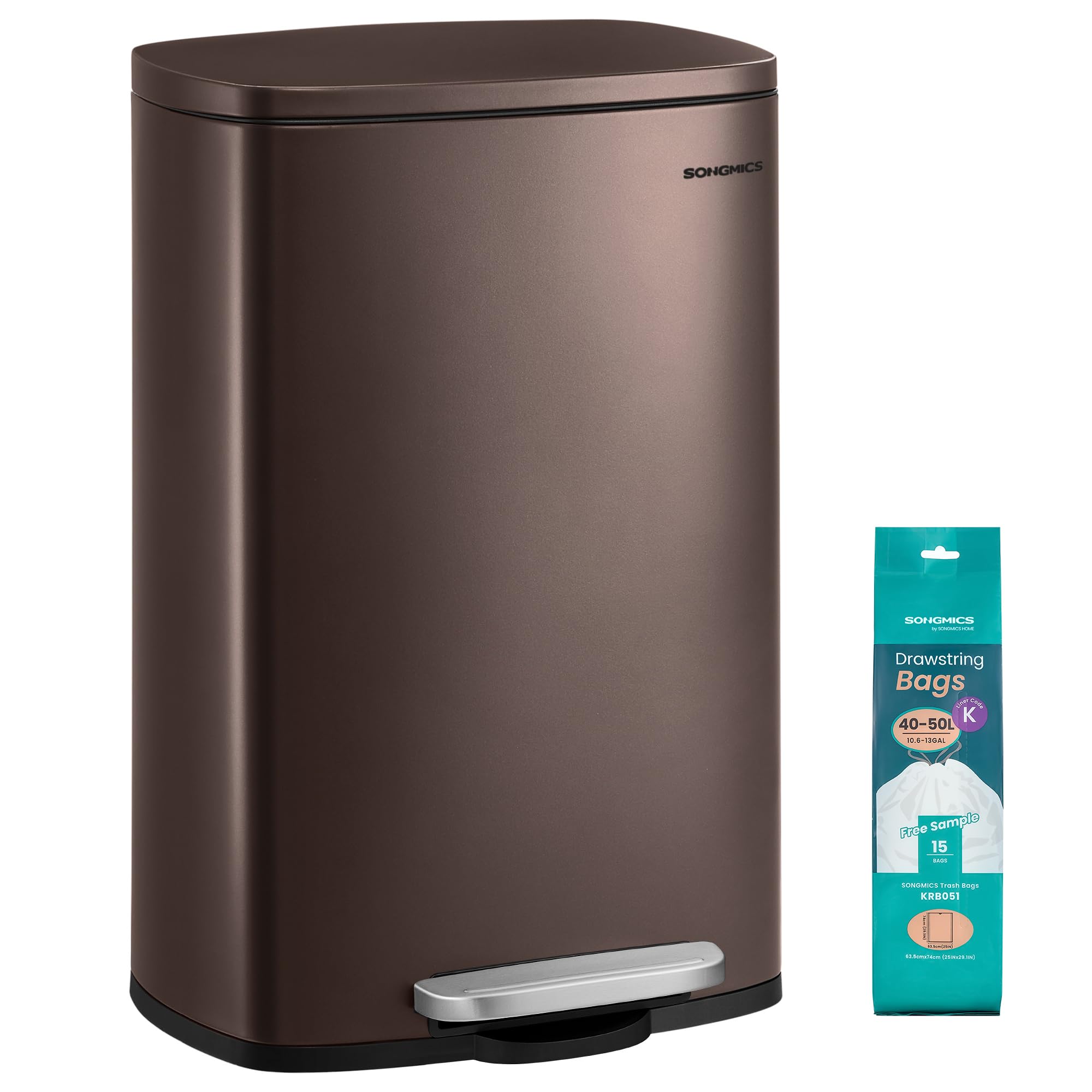 SONGMICS 50L Tan and Black Kitchen Bin, Easy-Clean Steel, Soft-Close Lid