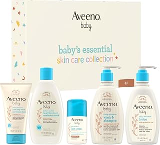 Aveeno Baby Essential Skincare Gift Set, 5-Piece Collection | Wash and Shampoo, Daily Moisture Body Lotion, Face Moisturizer, Newborn Wash and Baby Balm