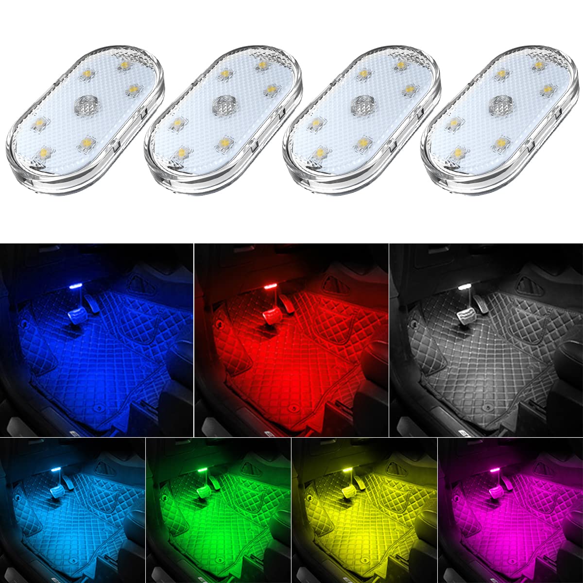 4Pcs Car LED Lights Interior Wireless, 7 Colors Interior Car Lights with 6 Brigh