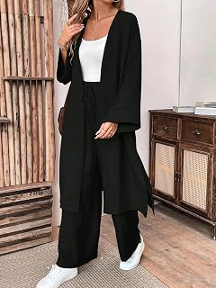 Ensemble décontracté 2 pièces pour femme – Cardigan long et pantalon à jambes larges