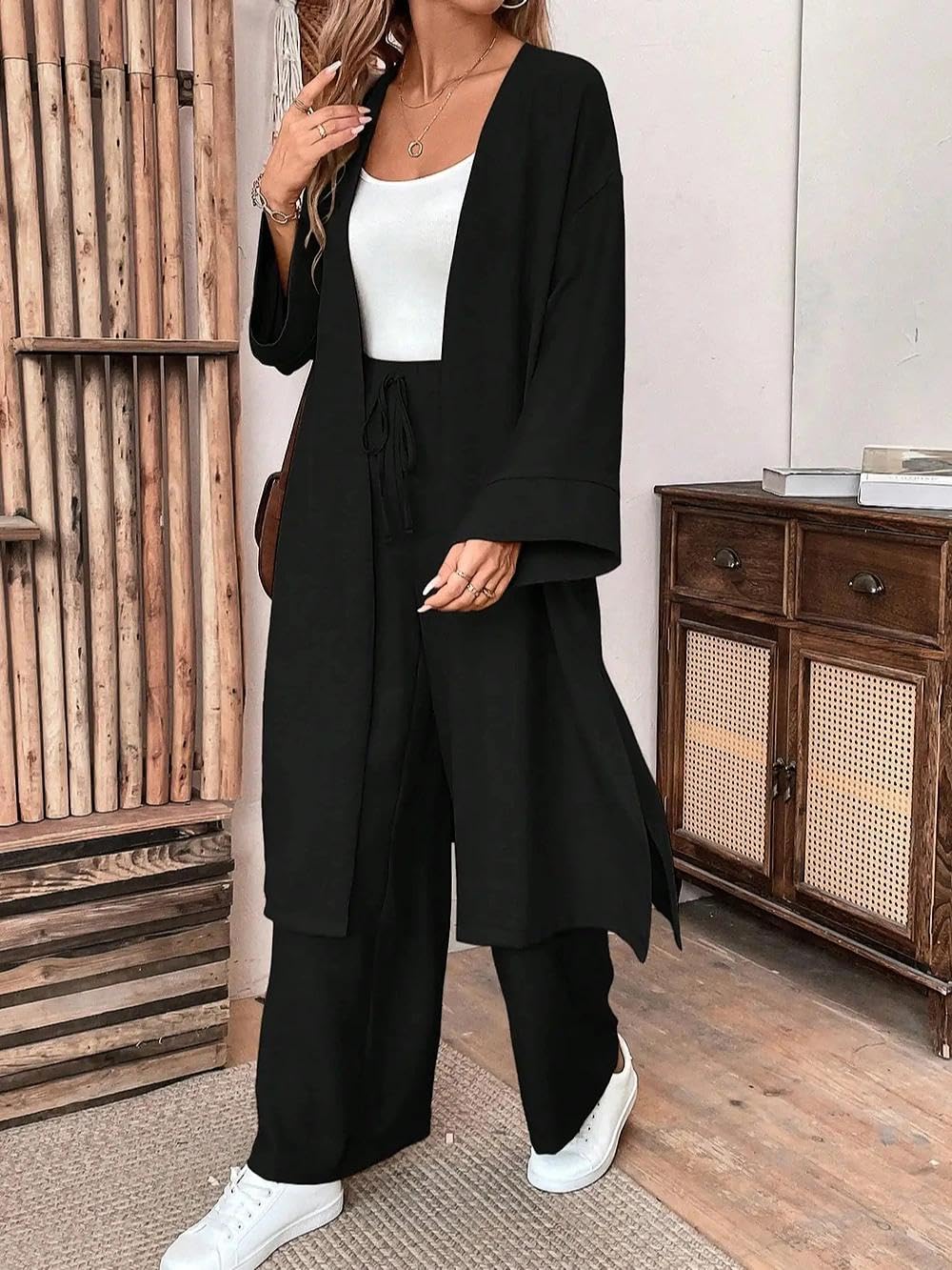 Ensemble décontracté 2 pièces pour femme – Cardigan long et pantalon à jambes la
