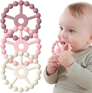 3 Pack Ring Teether Baby Infant Toys, Baby Essentials, Silicone Teething Ring Toys for Babies 0-6 Months, Seposeve Toddler Teethers 6-12 Months 12-24 Months, Infant Teething Relief, Purple Pink White