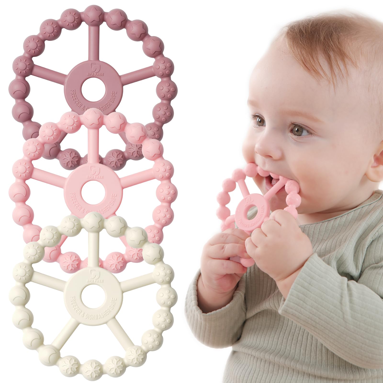 3 Pack Ring Teether Baby Infant Toys, Baby Essentials, Silicone Teething Ring To