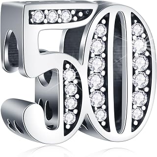 5,10 to 50 52 55 56 60 65 70 75 80 Birthday Charms fit European Anniversary Bracelets, 925 Sterling Silver Number Charms with Clear CZ Stones, Gifts for Family/Lover/Friends