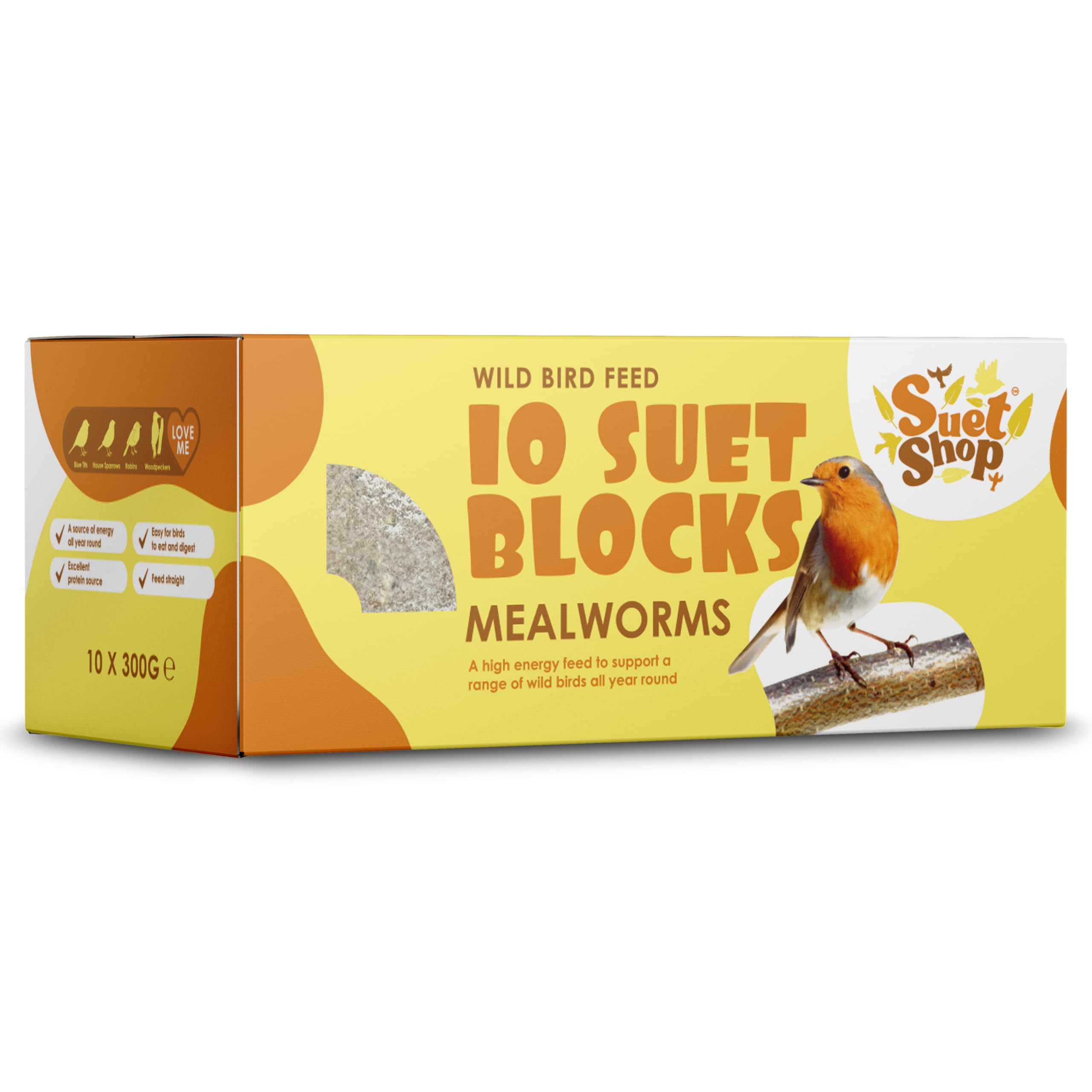 Suet Shop - Mealworm Suet Blocks for Wild Birds, 300g (Pack of 10) - Enriched wi