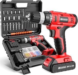 FADAKWALT Cordless Drill Set, 20V Electric Power Drill With Battery And Charger, 30N Torque, 21+1 Settings, 3/8-Inch Keyless Chuck, Driver Bits Kit, LED Light (Red）