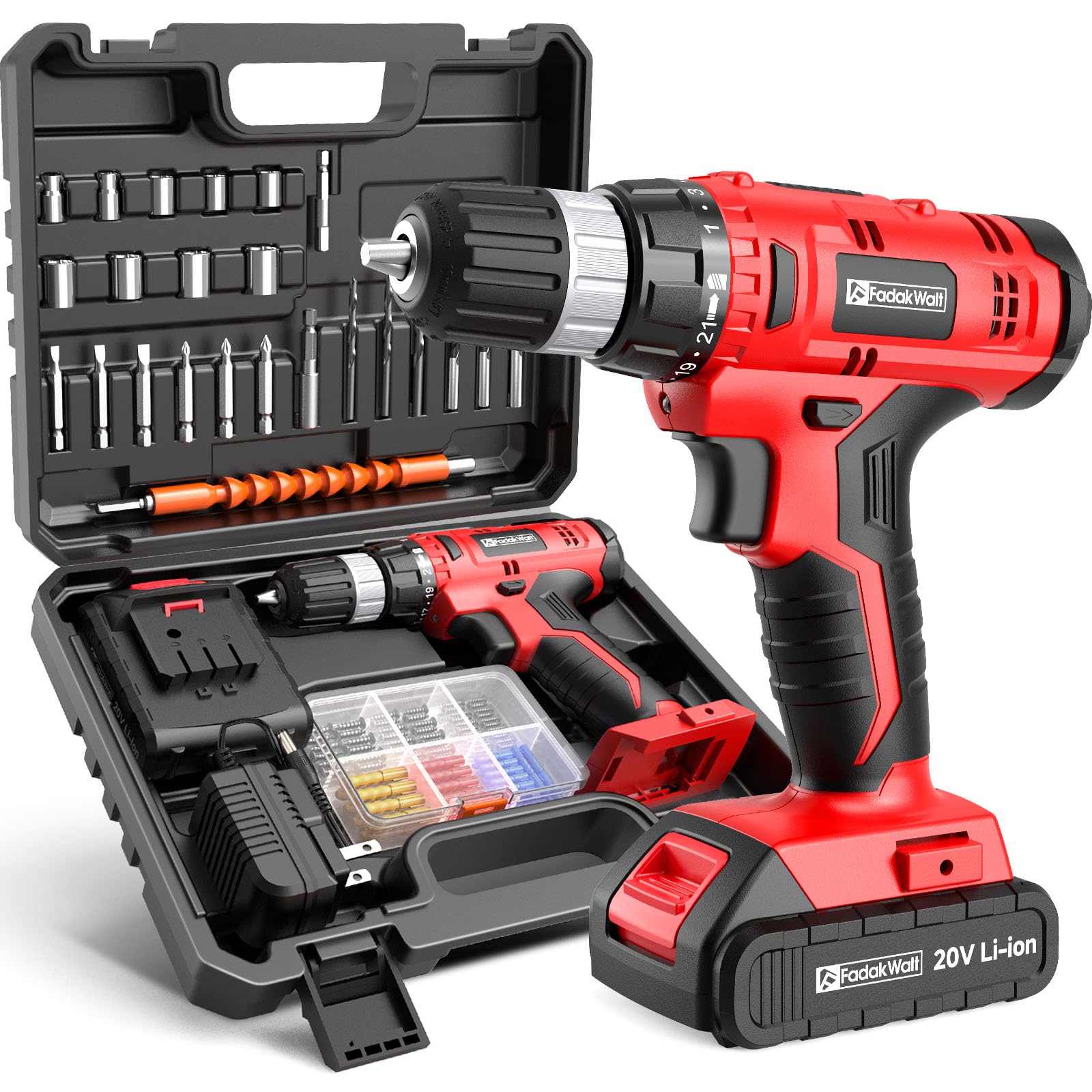 FADAKWALT Cordless Drill Set, 20V Electric Power Drill With Battery And Charger,