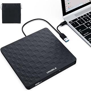ORIGBELIE External CD DVD Drive for Laptop, USB 3.0 Type-C 13mm DVD Player | Ultra Slim Portable CD DVD +/-RW Drive CD Burner Reader Writer Recorder for Desktop PC Windows 11/10/8/7 Linux Mac OS (Black)