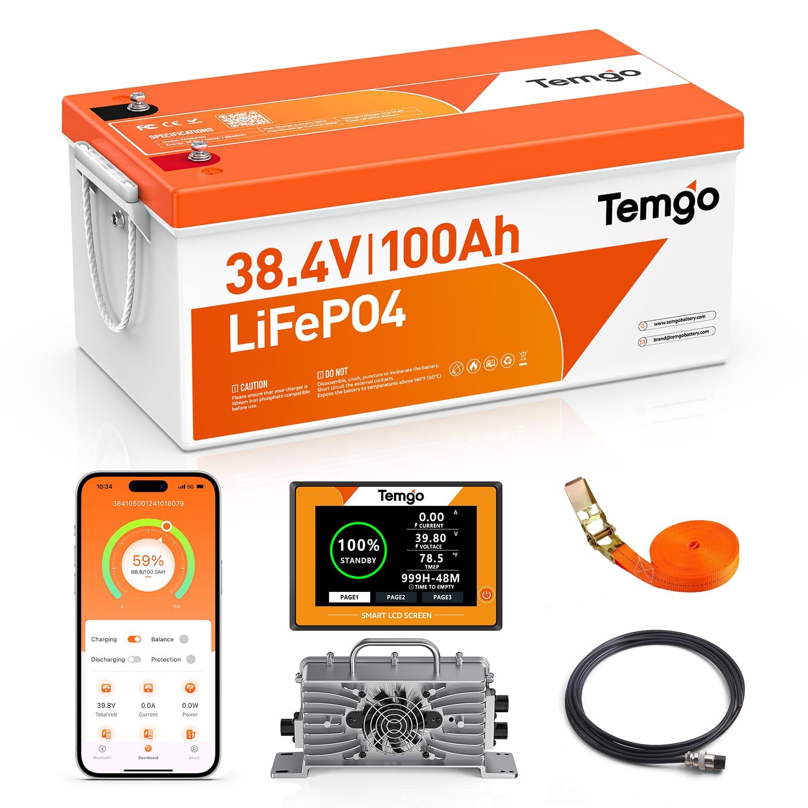 TEMGO 36V (38.4V) 100Ah LiFePO4 Lithium Golf Cart Battery | LCD Display & Blueto