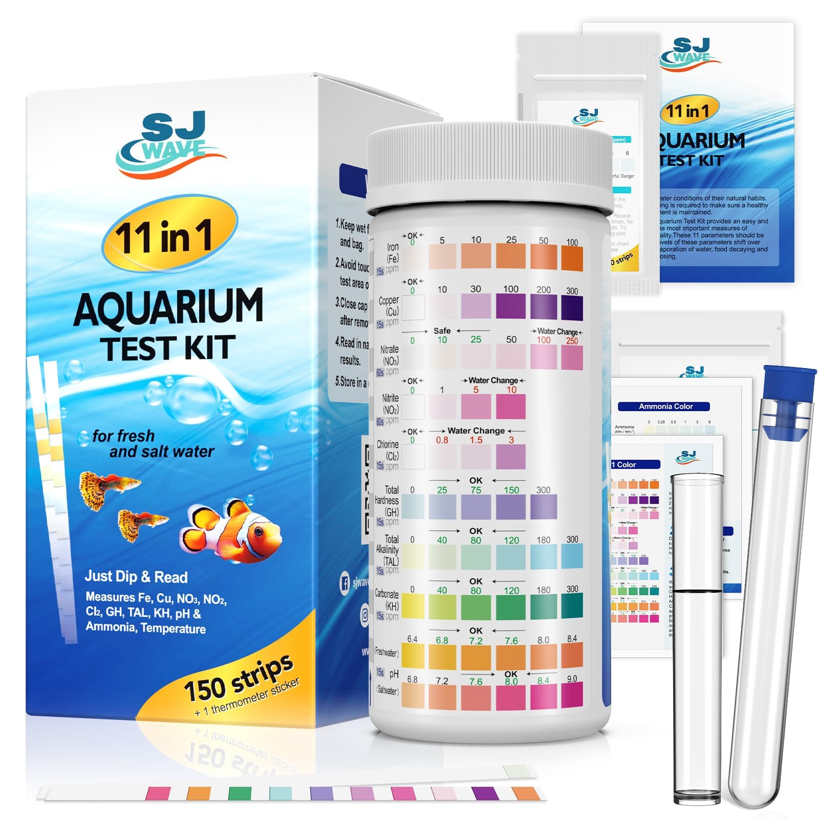 11 in 1 - Aquarium Test Strips | 950 Tests - 150 Strips | Fish Tank Aquariums Wa