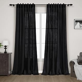 Nanspring Black Linen Curtains 84 inches Long for Bedroom Back Tab Light Filtering Privacy Sheer Modern Farmhouse Coastal Decor Off Cotton Textured Gauze Curtain Living Room 2 Panel Set