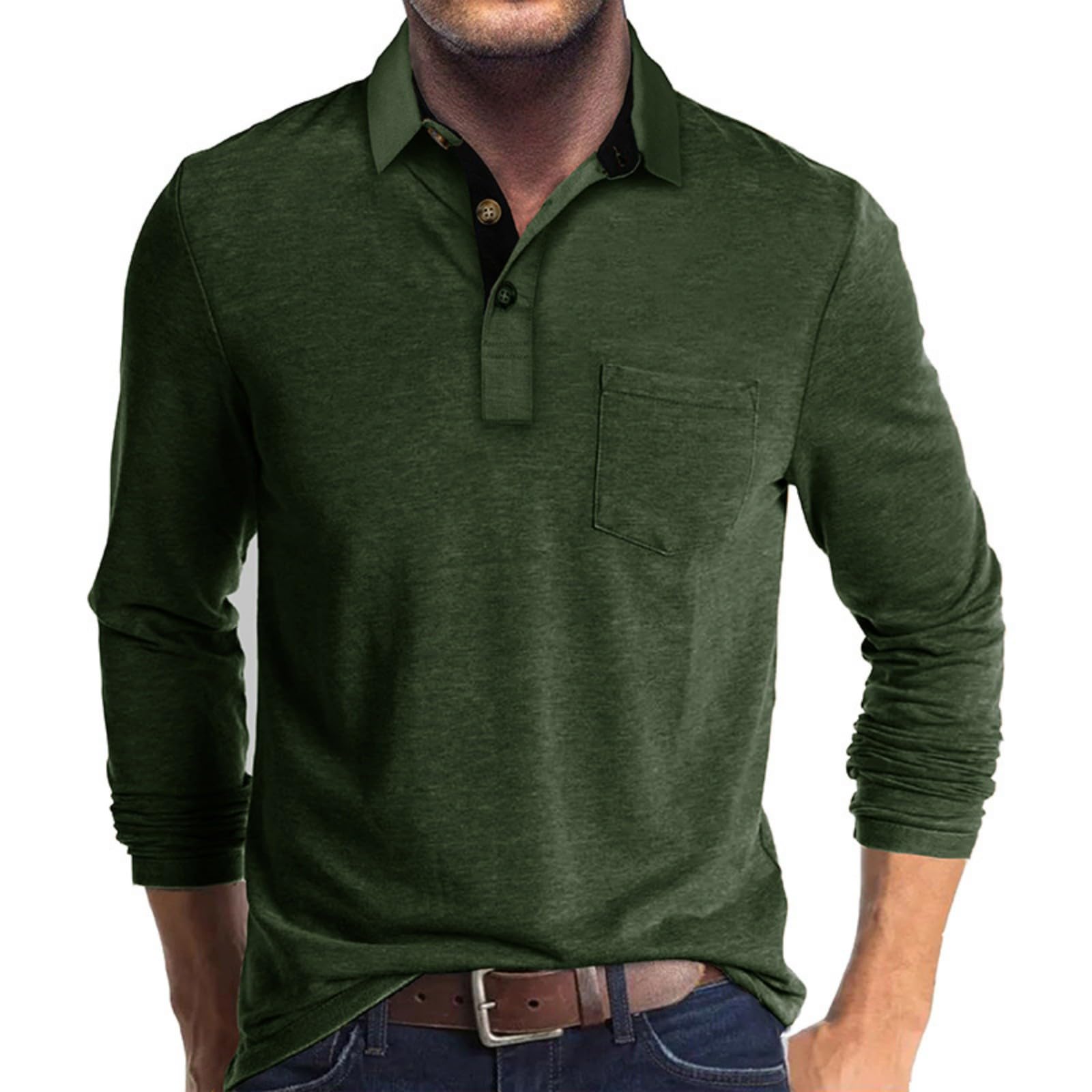 Men's Casual Polo Shirts Classic Button Basic Long Sleeve Shirt Solid Color Cott