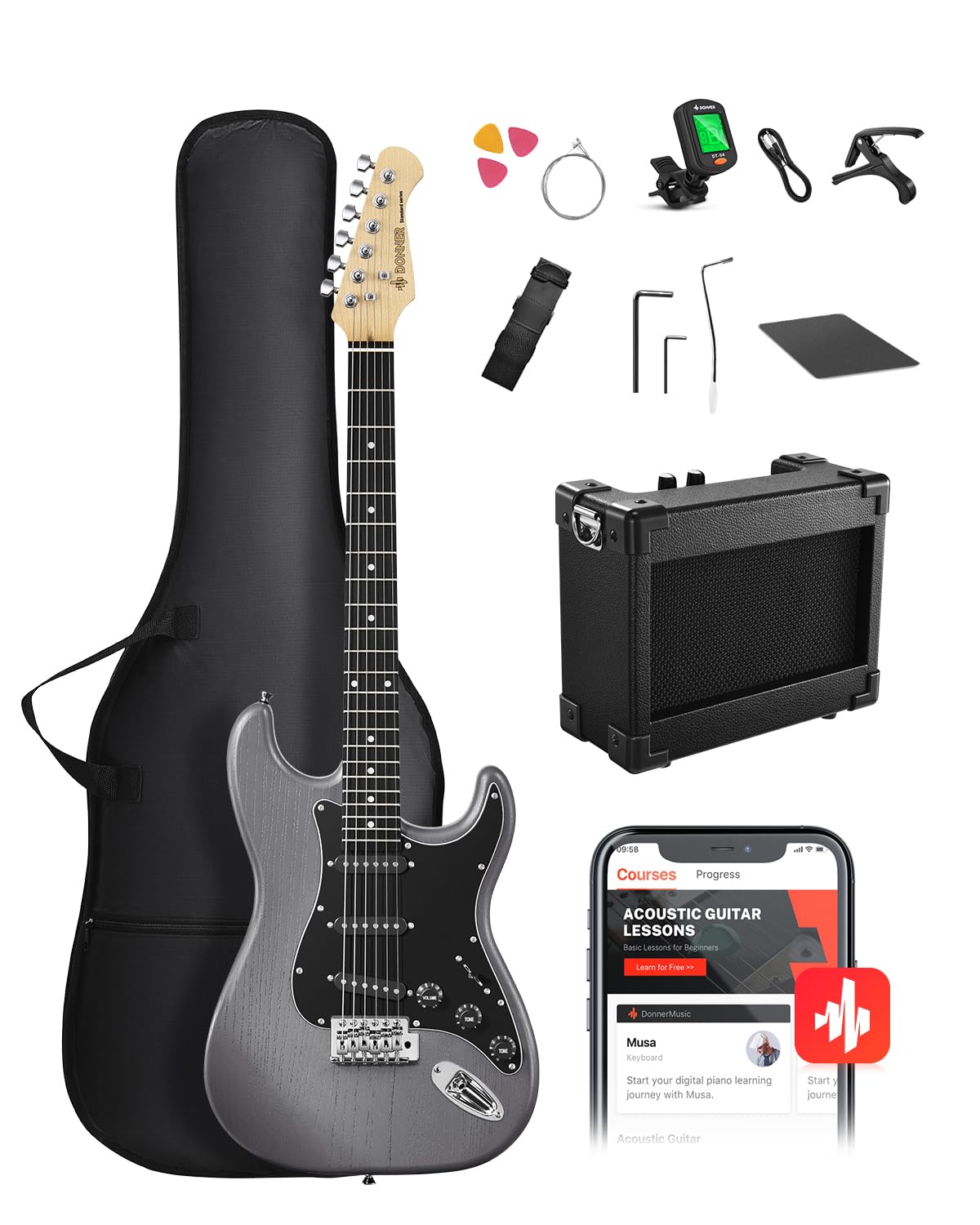 DONNER DST-80 39” Beginner Electric Guitar Kit with Amp, SSS Pickups | Guitar am