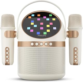 PHILIPS S2508 Portable Karaoke Machine,Party Bluetooth Speaker with 2 Karaoke Microphones,7 H Battery,Multi-Colored Light Modes with Display Screen,6 Vocal Effects,USB,AUX or TF Card Input,Mini,White