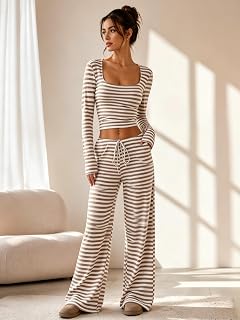 Set da salotto da donna a righe marroni e bianche a maniche lunghe con top corto e pantaloni a gamba larga, 2 pezzi, taglia M