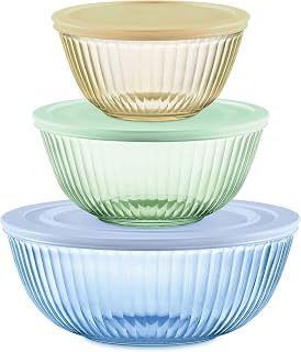 Pyrex Colors Tinted (3-Pack, Full Set) Sculpted Tinted Glass Mixing Bowls | 1.3, 2.3 & 4.5 QT nesting set of bowls with plastic lids for prepping & baking, dishwasher safe