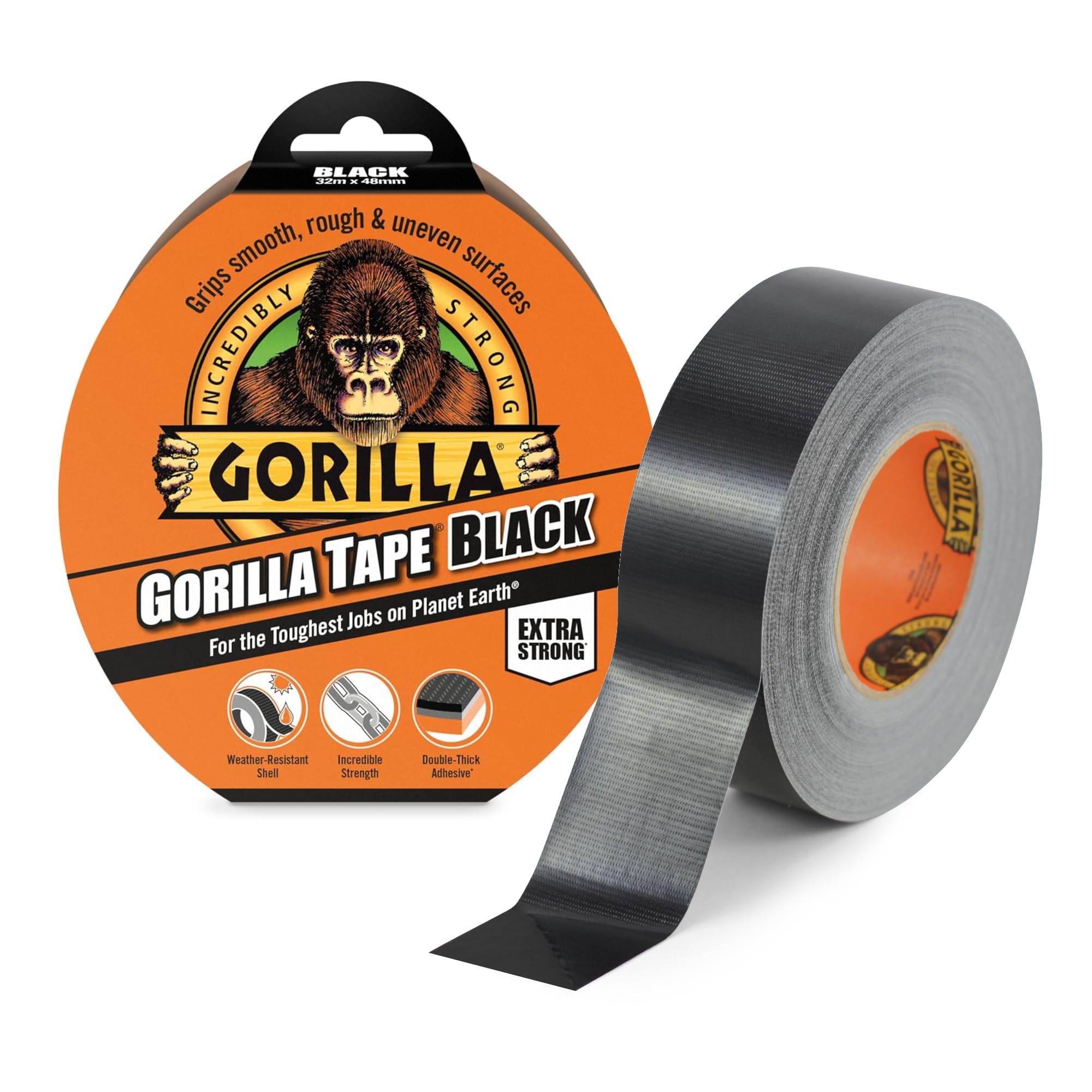 Gorilla Tape Black 32m - Heavy Duty Duct Tape, Hand-Tearable & Extra Strong