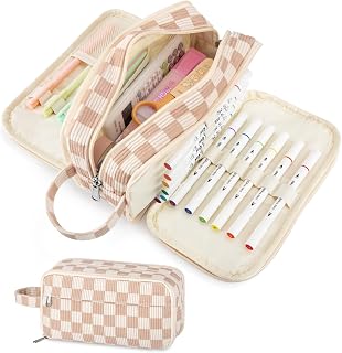 Cute Floral Pencil Case Pouch - Extra Large 4 Compartment Multiple Pockets Aesthetic Corduroy Pencil Bag Organizer with Handle for Teen Girls, School, College (Brown Plaid)