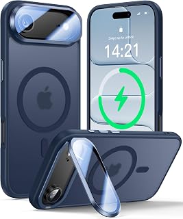 [Upgraded Full Camera Protection] VOFATA for iPhone Air Case with Camera Cover Stand [Fit for MagSafe][10FT Mil-Grade Protection] Translucent Magnetic Phone Cover for iPhone 17 Air Case, Blue