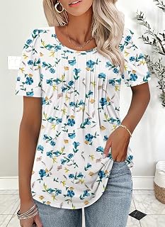 Women T-shirt Short Sleeve Pleated Dressy Casual Crew Neck Summer Tops Loose Fit Blouse