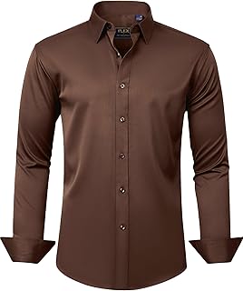 J.VER, Mens Shirts Long Sleeve Solid Color Stretch Wrinkle Free Formal Work Casual Button Down Shirts Brown XXL