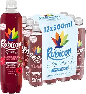 Rubicon Spring Black Cherry Raspberry Water, 12 Pack, 500ml Bottles | Sparkling spring water drink with real black cherry and raspberry fruit juice, low calorie.