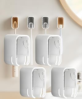 Bathroom Shower Toothbrush Holder with Cover - 4 Pcs Self Adhesive Wall Mount Electric Toothbrush Holder, Single Slot Dustproof Toothbrush Dispenser Storage Organizer for Family Travel