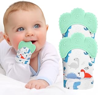 Vicloon Baby Teething Gloves, Pack of 2 Gloves, Teething Ring Toy, BPA-Free, Soothe Sore Gums, Stimulation Teething Gloves for 0-6 Months Baby Green Dinosaur
