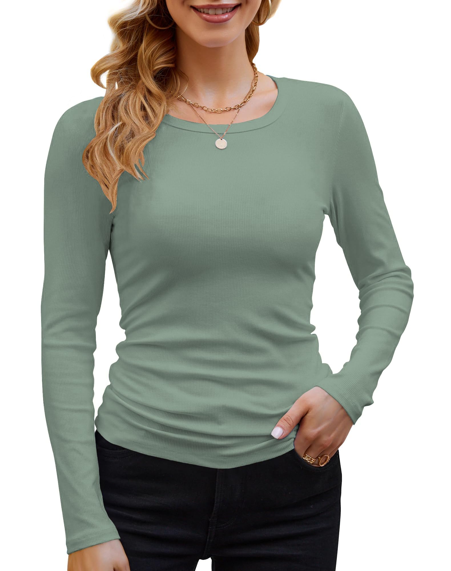 DUOEASE Women's Long-Sleeved Crew Neck Elegant Slim Fit T-Shirt