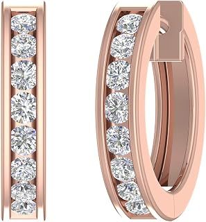 0.5 to 1 Carat 14K Gold or Platinum Natural Round Diamond Huggie Hoop Earrings, Channel Set, Secure Hinged Closure (I1-I2 Clarity)