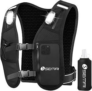 semai LED Running Vest Women & Mens Reflective Vest, Adjustable Chest Straps Running Hydration Vest with 500ml Water Bottle, 6 Pockets With Phone Holder & Storage for Marathon, Night Running, Cycling