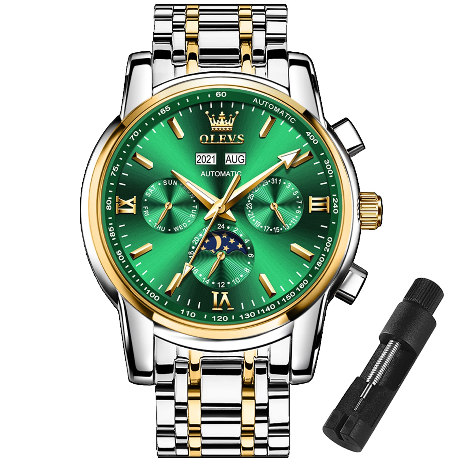 OLEVS Orologio meccanico automatico da uomo, con frase lunare, multifunzione, co