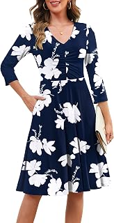 Annebouti Abito midi da donna con scollo a V increspato e maniche a 3/4 alla moda autunno 2025 con tasche