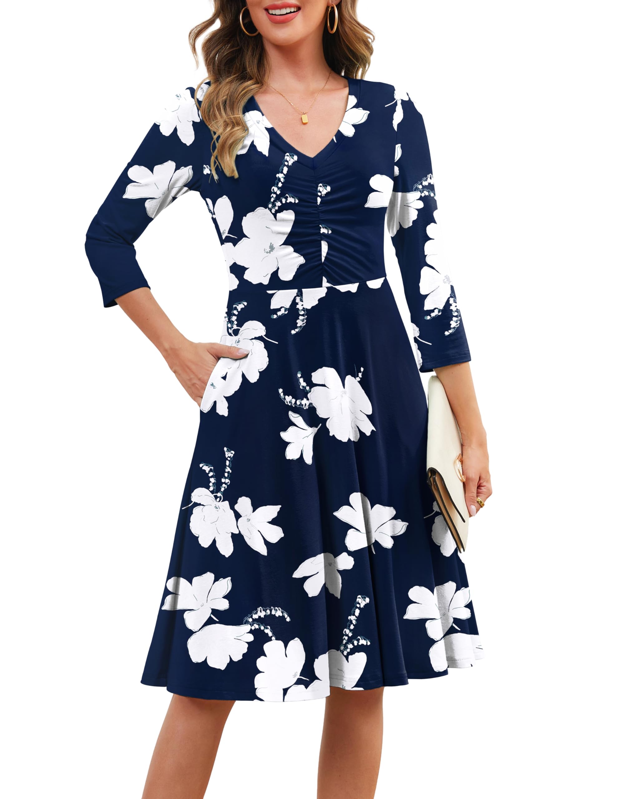 Annebouti Abito midi da donna con scollo a V increspato e maniche a 3/4 alla mod