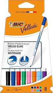 BIC Velleda Whiteboard Pens - Fine Whiteboard Marker Pens - Assorted Colours Pack of 8