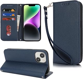 [Hamany] iPhone 13 Case Folio Phone 14 Case Strap Card Storage Stand Function Aifun 13 Case Magnetic Leather iPhone 14 Case Folio Shockproof Durable Abrasion Resistant - Blue
