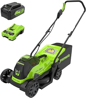 Greenworks 24V 13in Push Lawn Mower, 4.0 Ah Battery and Charger | Brushless motor with 2-in-1 mulch/bag system; maintenance-free and lightweight for easy home yard lawn care.