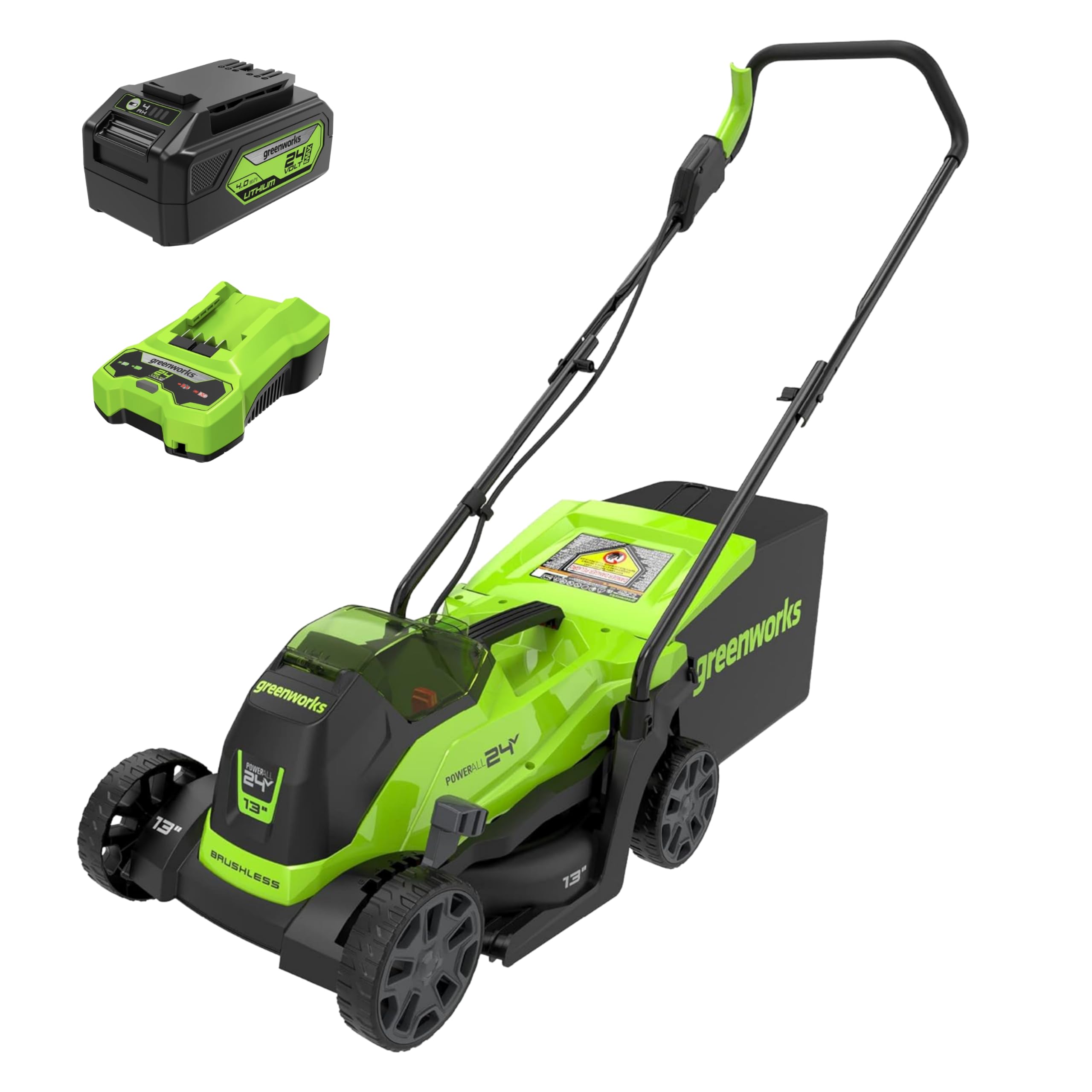 Greenworks 24V 13in Push Lawn Mower, 4.0 Ah Battery and Charger | Brushless moto