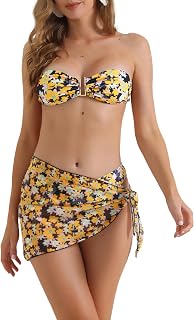 Women Floral Print Bandeau Bikini Set 3 Piece Triangle Bottom Swimsuit