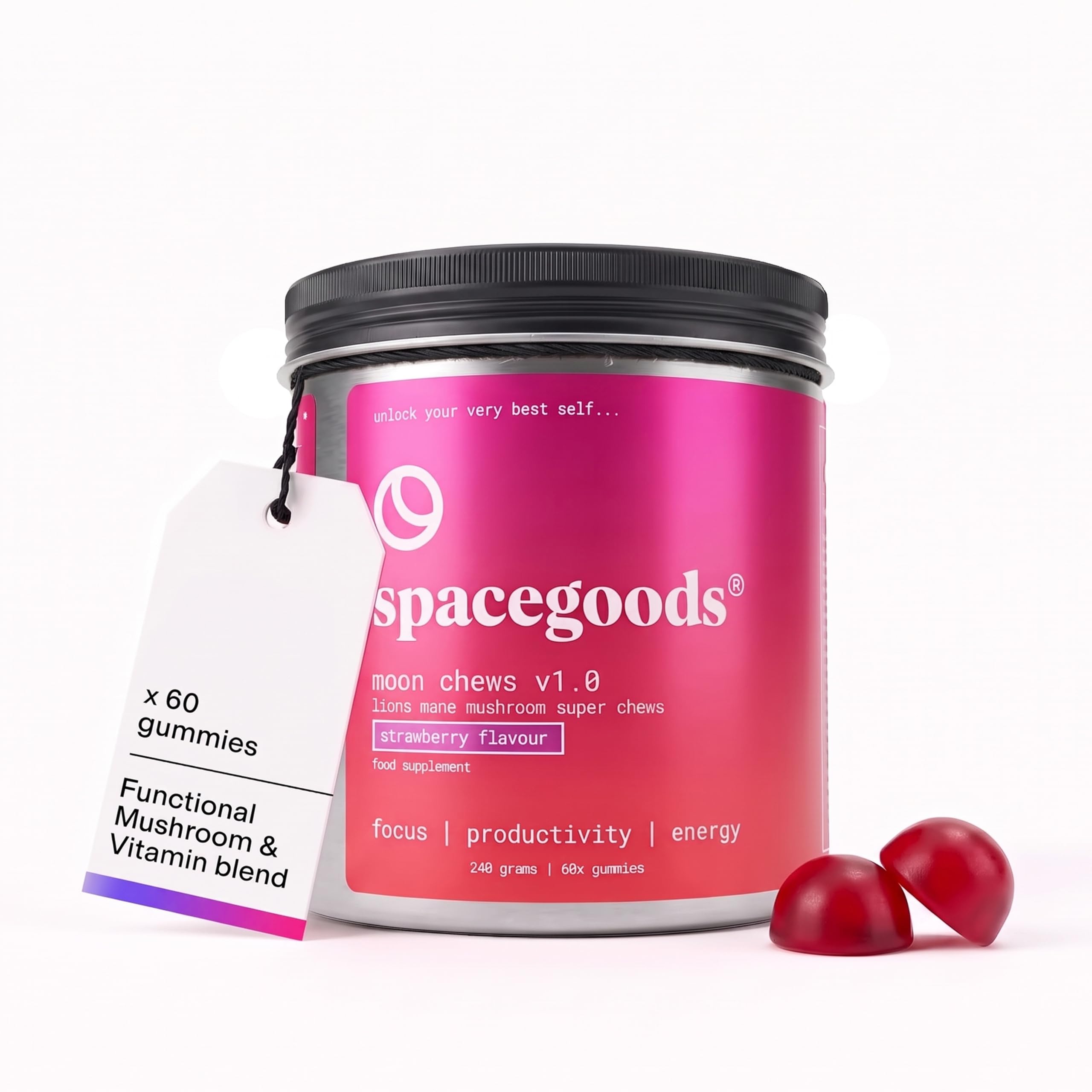 Spacegoods Moon Chews Lions Mane Mushroom Gummies |30 Servings| Strawberry